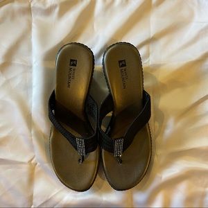 White Mountain Dressy wedge flip flop sandals in Black
